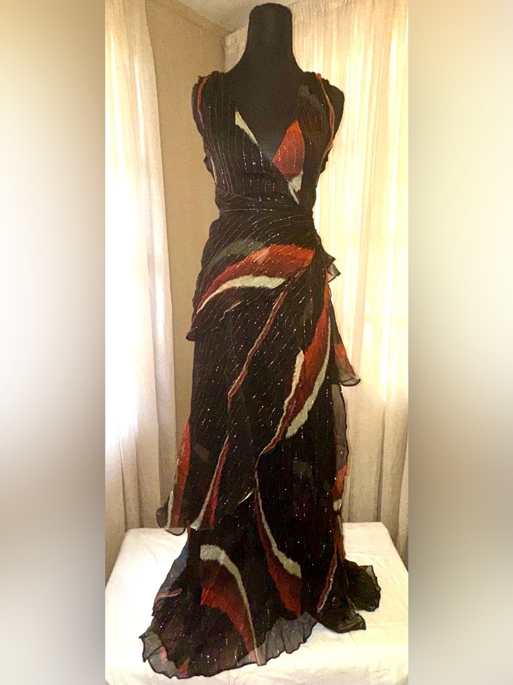 L.A.M.B. Black Evening Gown with Rust and Cream Abstract Print